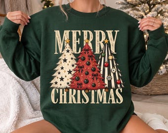 Vintage Christmas Tree Sweatshirt, Merry Christmas Crewneck, Retro Holiday Sweater, Christmas Gift for Her