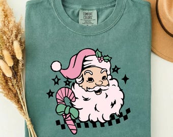Pink Santa Shirt, Comfort Colors Christmas Tee, Retro Coquette Santa Claus Shirt, Cute Holiday Gift