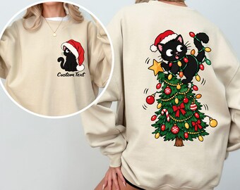 Personalized Black Cat Christmas Sweatshirt, Custom Name Cat Sweater, Cute Cat Lover Holiday Gift, Front Back Print