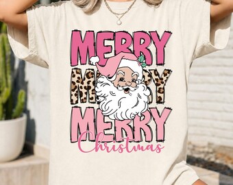 Comfort Colors Pink Santa Christmas Shirt, Retro Santa Tee, Leopard Christmas Shirt