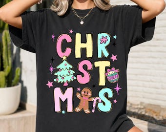 Preppy Christmas Shirt, Colorful Retro Holiday Tee, Cute Gingerbread Christmas T Shirt, Girly Xmas Gift for Her