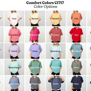 The image is a collage of 24 different color options for women's tops, arranged in a 4x6 grid. The options include white, ivory, banana, mustard, yam, expression, watermelon, crunchberry, heliconia, cranberry, red, berry, chocolate, salmon, blue, and black.