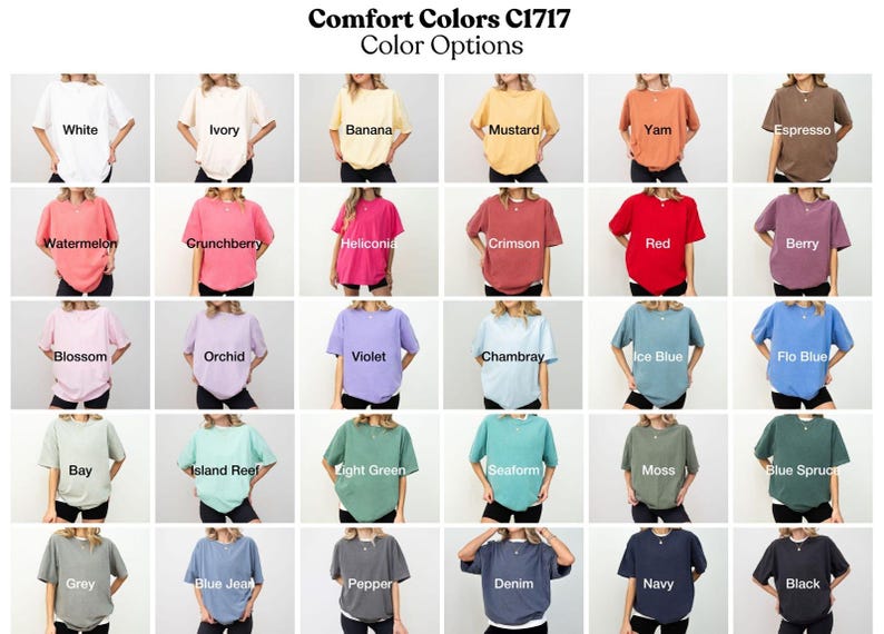 The image is a collage of 24 different color options for women's tops, arranged in a 4x6 grid. The options include white, ivory, banana, mustard, yam, expression, watermelon, crunchberry, heliconia, cranberry, red, berry, chocolate, salmon, blue, and black.