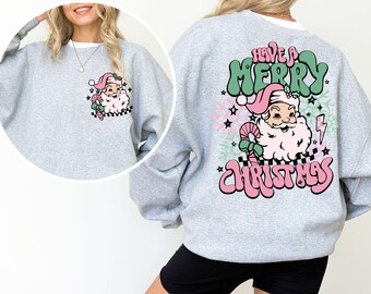 Retro Pink Santa Christmas Sweatshirt, Front and Back Print, Coquette Christmas Crewneck, Girly Holiday Gift for Her