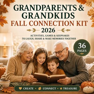 May include: A Grandparents & Grandkids Fall Connection Kit 2026 activity book featuring 36 pages of games and keepsakes. The cover displays a smiling older couple and two children reading a book, surrounded by autumn leaves and text.