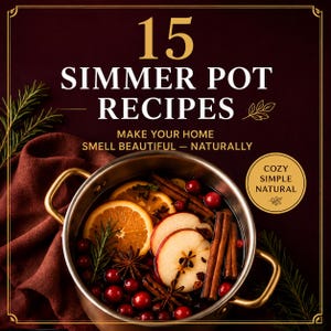 Op de afbeelding: Een digitale afbeelding met de titel 15 SIMMER POT RECIPES, MAKE YOUR HOME SMELL BEAUTIFUL — NATURALLY. Een metalen pan gevuld met sinaasappelschijfjes, appelschijfjes, kaneelstokjes, veenbessen en steranijs. Een cirkel toont COZY SIMPLE NATURAL.