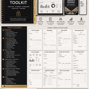 May include: A digital retail manager toolkit featuring a spiral-bound planner, a laptop displaying a KPI dashboard, a tablet showing a weekly report, and a smartphone with a shift planner. Includes lists of templates, icons, and sample pages.