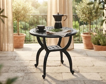 Black Round Outdoor Coffee Table, Cast Aluminum Patio Side Table, Metal Garden Bistro Table, Weather Resistant Indoor Outdoor Furniture