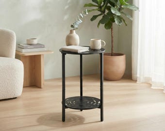 2 Tier Metal Round Side Table, Black Floral Accent End Table, Plant Stand Shelf, Indoor Outdoor Patio Balcony, Small Space Decor