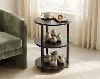 Round End Table, 3 Tier Side Table for Small Spaces, Charcoal Wenge Nightstand, Living Room Accent Table, Metal Frame Wood Shelves