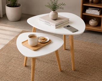 White Triangle Nesting Tables Set of 2, Modern Bamboo Side Tables, Minimalist Coffee End Table, Nightstand for Living Room Bedroom Balcony