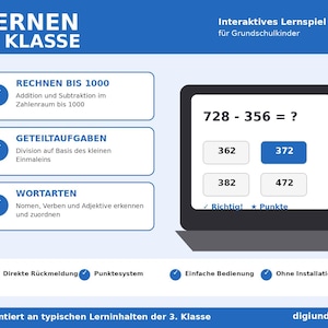 Op de afbeelding: Een digitale educatieve spelinterface voor derdejaarsleerlingen met een blauwe en witte lay-out. Het scherm toont wiskundige opgaven zoals aftrekken tot 1000, delen en taalkundige oefeningen, inclusief een puntensysteem en directe feedback.