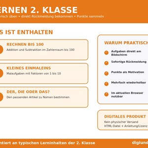May include: An educational digital product flyer for second grade learning. It features sections titled LERNEN 2. KLASSE, DAS IST ENTHALTEN, and WARUM PRAKTISCH? with lists of maths and language exercises including addition, subtraction, multiplication, and grammar.