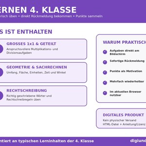 May include: A purple and white educational infographic titled LERNEN 4. KLASSE. It lists curriculum topics including multiplication, division, geometry, and spelling. A sidebar explains benefits like screen-based tasks and instant feedback for students.