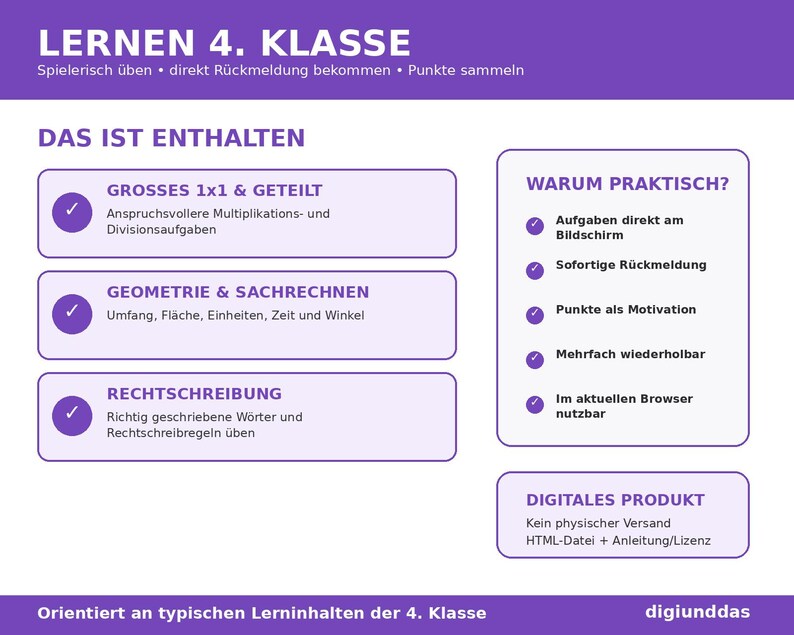 May include: A purple and white educational infographic titled LERNEN 4. KLASSE. It lists curriculum topics including multiplication, division, geometry, and spelling. A sidebar explains benefits like screen-based tasks and instant feedback for students.
