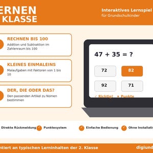 May include: An interactive educational game for second grade students featuring a screen displaying a math problem 47 + 35 = ? with multiple choice answers. The interface includes sections for addition, subtraction, multiplication, and grammar exercises.