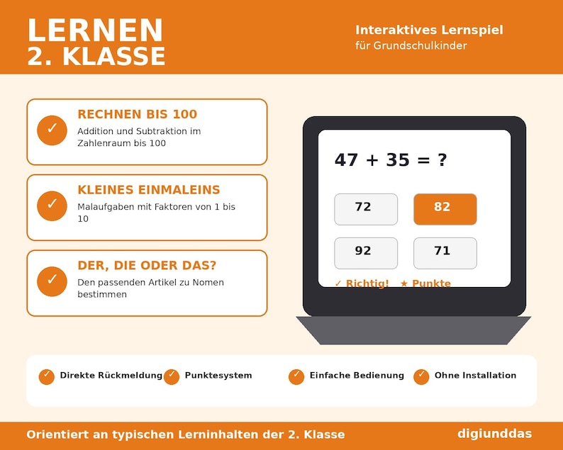 May include: An interactive educational game for second grade students featuring a screen displaying a maths problem 47 + 35 = ? with multiple choice answers. The interface includes sections for addition, subtraction, multiplication, and grammar exercises.