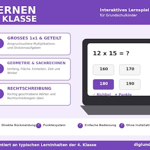 May include: A purple educational graphic for 4th grade learning featuring a digital screen displaying a math problem 12 x 15 = ? with multiple choice answers. The layout includes lists of subjects like multiplication, division, geometry, and spelling.