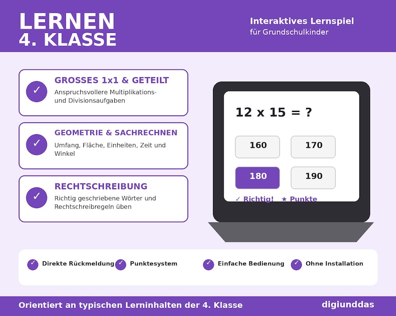May include: A purple educational graphic for 4th grade learning featuring a digital screen displaying a math problem 12 x 15 = ? with multiple choice answers. The layout includes lists of subjects like multiplication, division, geometry, and spelling.