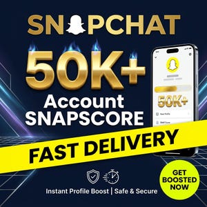 May include: A digital graphic featuring the text SNAPCHAT 50K+ ACCOUNT SNAPSCORE and FAST DELIVERY. A smartphone displays a Snapchat profile interface with a 50K+ score. A yellow circle contains the text GET BOOSTED NOW, with icons for security and speed.
