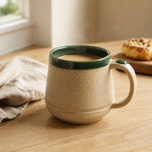 May include: A ceramic mug with a speckled beige body and a dark green glazed rim. The mug features a rounded shape with a single handle and contains a light brown liquid. The exterior surface has a textured, matte finish with a horizontal groove.