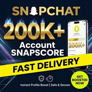 May include: A digital graphic featuring the text SNAPCHAT 200K+ ACCOUNT SNAPSCORE in gold lettering with blue flames. A smartphone displays a Snapchat profile interface with a 200K+ score. A yellow banner reads FAST DELIVERY and GET BOOSTED NOW.