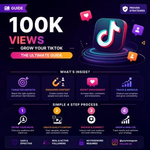 May include: A digital infographic guide titled 100K VIEWS GROW YOUR TIKTOK THE ULTIMATE GUIDE. It features a 3D TikTok icon, a four-step growth process, and sections for targeted growth, engaging content, boost engagement, and track and improve.
