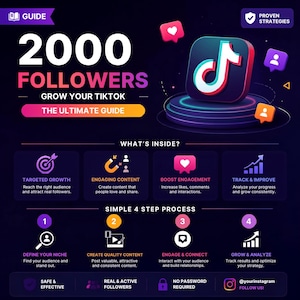 Può includere: Una guida digitale intitolata 2000 FOLLOWERS GROW YOUR TIKTOK THE ULTIMATE GUIDE con un'icona TikTok 3D, un processo di crescita in quattro fasi e sezioni dedicate alla crescita mirata, ai contenuti coinvolgenti e al monitoraggio.