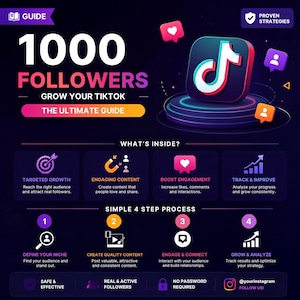 Peut inclure: Un guide numérique intitulé 1000 FOLLOWERS GROW YOUR TIKTOK THE ULTIMATE GUIDE présentant une icône de logo TikTok, un processus de croissance en quatre étapes et des sections sur la croissance ciblée, le contenu et le suivi.