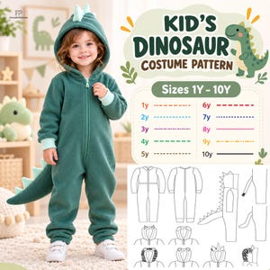 Op de afbeelding: Een dinosaurus kostuum patroon voor kinderen, bestaande uit een jumpsuit met capuchon, staart en stekels. De tekst luidt KID'S DINOSAUR COSTUME PATTERN, Sizes 1Y - 10Y, met een kleurgecodeerde maattabel en technische lijntekeningen.