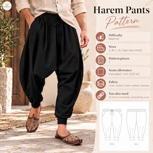Puede incluir: Un patrón de costura para pantalones tipo harén negros con cintura de cordón y tobillos ajustados. El documento incluye texto detallando dificultad para principiantes, tallas S-XL, 7 piezas, 1 cm de margen de costura y telas sugeridas.