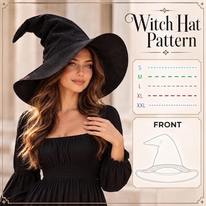 May include: A black witch hat pattern featuring a large, pointed crown and wide brim. The text reads Witch Hat Pattern, with size indicators S, M, L, XL, XXL using dashed lines, and a line drawing labeled FRONT showing the hat structure.