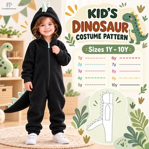 May include: A black hooded dinosaur costume with a front zipper and a tail featuring light green spikes. The text reads KID'S DINOSAUR COSTUME PATTERN, Sizes 1Y - 10Y, with a list of sizes from 1y to 10y and a line drawing of the costume.