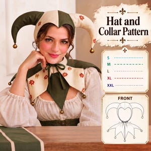 May include: A jester hat and collar sewing pattern featuring a two-toned green and cream fabric with small red floral accents. The hat has two points with small gold bells at the ends. The collar ties at the neck and includes a front diagram.