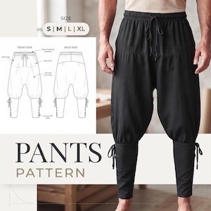 May include: Black pants featuring an elastic drawstring waistband, an oversized low-crotch design, and lace-up cuffs. The image includes a technical diagram showing front and back views, side pockets, back darts, and size options S, M, L, and XL.