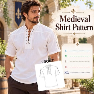Patron de couture PDF pour tunique homme, style médiéval-renaissance, idéal pour Halloween et GN, tunique à lacets, patron à télécharger.