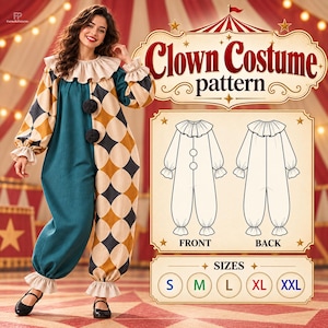 May include: A clown costume pattern featuring a teal and beige geometric patterned jumpsuit with a ruffled collar and cuffs, two black pom-poms, and a technical line drawing showing front and back views with size options S, M, L, XL, and XXL.