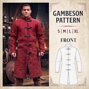 Könnte beinhalten: Ein langärmeliger, dunkelroter gesteppter Gambeson mit Stehkragen und vier schwarzen Leder-Schnallenriemen auf der Vorderseite. Das Bild enthält den Text GAMBESON PATTERN, S|M|L|XL, FRONT und eine technische Strichzeichnung des Kleidungsstücks.