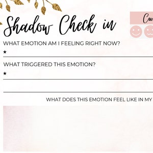 May include: A printable shadow work check-in worksheet with a pink and white background. The worksheet includes a section for current mood with six emojis, a section for what emotion you are feeling, a section for what triggered the emotion, and a section for how the emotion feels in your body.