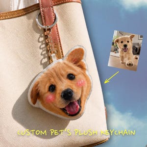 Peut inclure: Un porte-clés en peluche personnalisé en forme de tête de chiot doré avec des joues roses et la gueule ouverte, fixé à un anneau en métal argenté. Une petite photo du chiot est visible au-dessus avec une flèche jaune pointant vers la peluche.