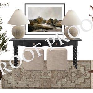 May include: A room interior design collection featuring a black console table with two drawers, two beige square ottomans, two table lamps with off-white shades, a landscape wall art print, a tall wooden coat rack, and a potted green plant.