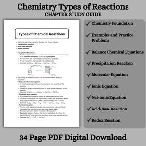 Op de afbeelding: Een digitale studiegids van 34 pagina's getiteld Chemistry Types of Reactions. Het document bevat tekst en diagrammen over neerslag-, zuur-base- en redoxreacties, inclusief moleculaire, ionische en netto-ionische vergelijkingen met formules.