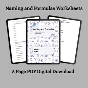 May include: An 8-page PDF digital download titled Naming and Formulas Worksheets. The document features chemistry-themed graphics, including chemical formulas like H2SO4, molecular structures, and laboratory glassware on a white background.