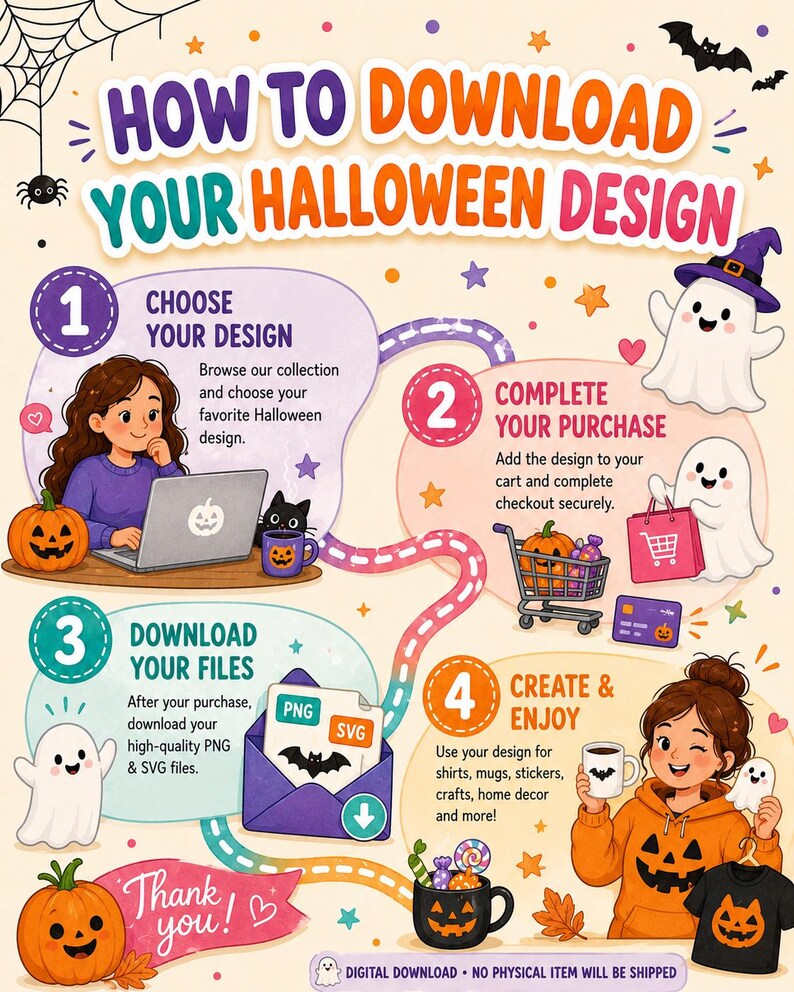 May include: An instructional infographic titled HOW TO DOWNLOAD YOUR HALLOWEEN DESIGN with four steps. It features illustrations of ghosts, pumpkins, a black cat, and people using computers and mugs, with text explaining the digital download process.