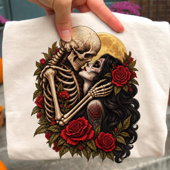 Gothic Skeleton Couple PNG, Sugar Skull Woman, Red Roses, Dark Romance Clipart (Digital Download)