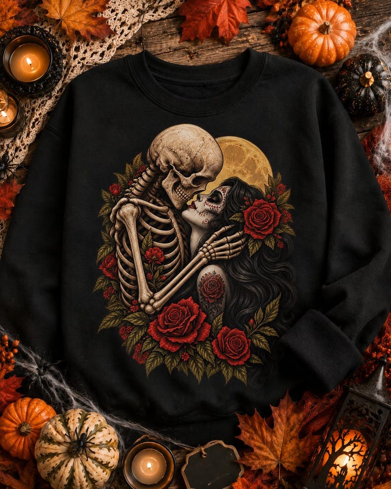 May include: A black crewneck sweatshirt featuring a graphic print of a skeleton embracing a person with sugar skull makeup. The design includes vibrant red roses, green leaves, and a large yellow full moon in the background, centered on the chest.
