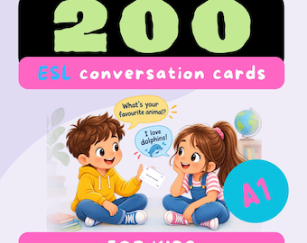 English Conversation Cards for Kids | 200 ESL Speaking Prompts A1 Level | Printable Flashcards Instant Download | Homeschool & Teacher