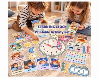Interactive Telling Time Learning Kit | Printable Clock for Kids | Daily Routine Cards | AM PM Clock | Homeschool & Classroom Printable