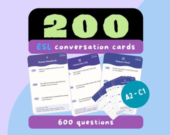 200 ESL Conversation Cards | Speaking Prompts by Topic | Printable PDF | CEFR A2-C1 | English Teaching Resource | Vocabulary Bank Included
