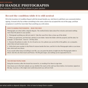 May include: A white informational document titled How to Handle Photographs, featuring four steps for documenting property conditions. The text provides instructions on taking room photos, organizing files, renaming images, and using inventory reports.